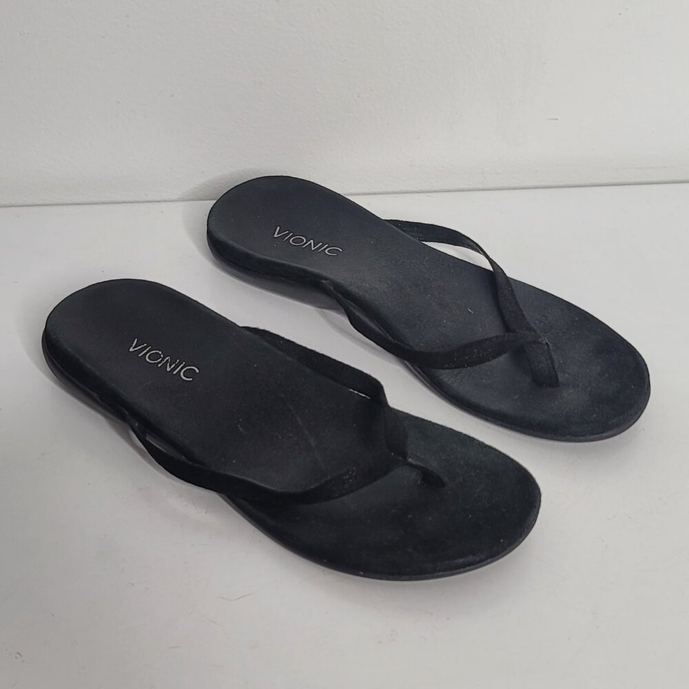 Vionic Orthaheel Womens 344 Corfu‎ Size 9 Black Velvet Thong Flip Flops Sandals - Picture 2 of 8